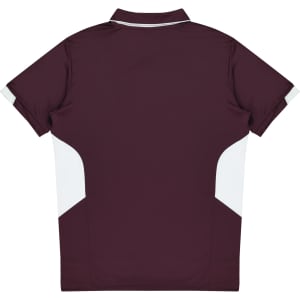 A maroon polo shirt featuring white panel accents and a logo on the back. Designed for kids' wear.