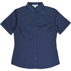 A navy short-sleeve button-up shirt with a fitted design, featuring a collar and a logo.