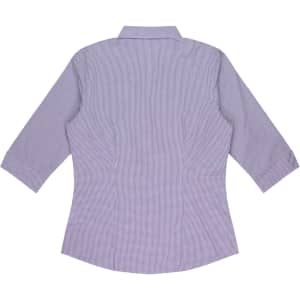 A button-up shirt with 3/4 sleeves in a purple check pattern, featuring a collar and a fitted design. It has a logo.
