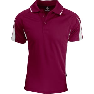 A maroon polo shirt with white side panels. Features a collar and a branding logo.