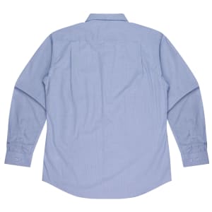 A long sleeve button-up shirt in light blue, featuring a plain back design and two-button cuffs.