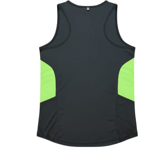 A dark green singlet featuring bright green side panels, with a branding logo on the back.