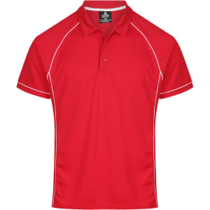 A vibrant red polo shirt with white piping and a collar, featuring a logo on the upper portion.