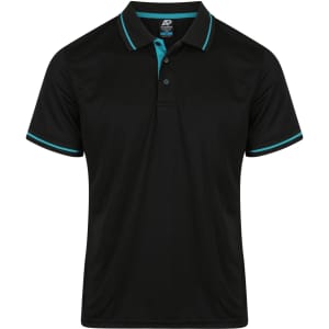 A black polo shirt with teal accents and a collar. It features a logo on the upper side.