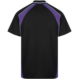 A black polo shirt with purple accents and a contrasting design, featuring a logo on the back.