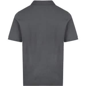 A grey polo shirt with short sleeves and a collar, featuring a logo on the back.