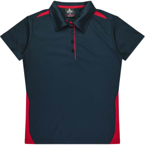 A navy blue polo shirt with red accents and a collar, featuring buttons and a brand logo.