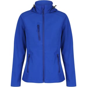 A blue soft shell jacket featuring a hood, zippered pockets, and a fitted design. It includes branding on the fabric.
