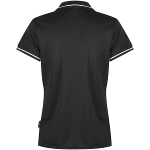 A black polo shirt featuring a classic design with contrasting trim and a logo. Suitable for casual or sport wear.