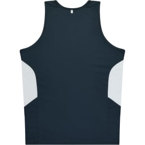 A dark green singlet with white side panels, featuring a simple design and a small logo on the back.