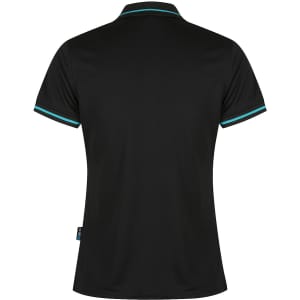 A black polo shirt featuring short sleeves and contrasting teal detailing, designed for women. Includes a logo.