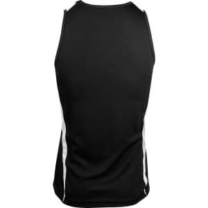A black singlet featuring white side panels and a logo on the back. Suitable for men's athletic wear.