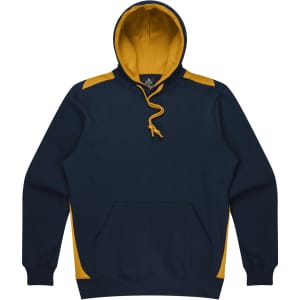 A navy hoodie featuring yellow accents on the shoulders and a front pocket. Includes a drawstring hood.