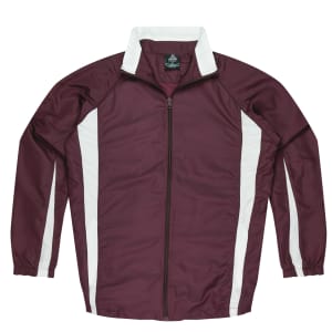 A maroon track top featuring white side panels and a zippered front, with a collar and full-length sleeves.