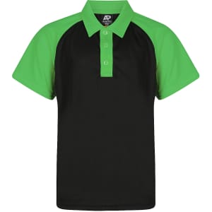 A polo shirt with a black body and green sleeves, featuring a collar and buttons, with a logo.