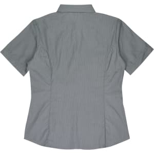 A green short-sleeve button-up shirt with a fitted design and a collar, featuring a logo.