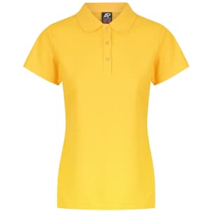 A yellow polo shirt featuring a collar, short sleeves, and a buttoned placket, with a branding logo.