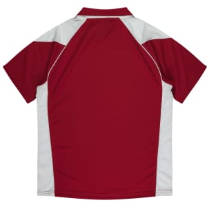 A polo shirt in maroon with white accents, featuring a collar and short sleeves, presented in a back view.