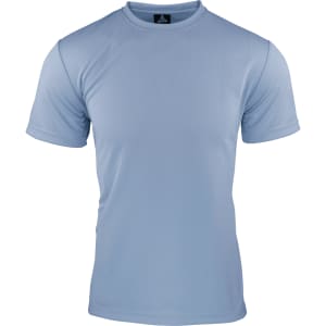 A light blue men’s t-shirt with short sleeves and a logo on the collar. Ideal for casual wear.
