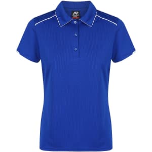 A blue polo shirt with a collar, featuring white piping and buttons, and a logo on the label.
