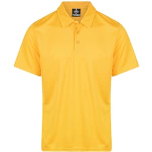 A bright yellow men's polo shirt with a collar and a logo on the chest.