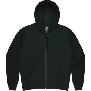 A dark green zip-up men's hoodie featuring a hood and front pockets. Includes a logo on the inner tag.