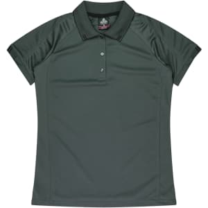 A dark green polo shirt with a collar and short sleeves, featuring a logo on the front.