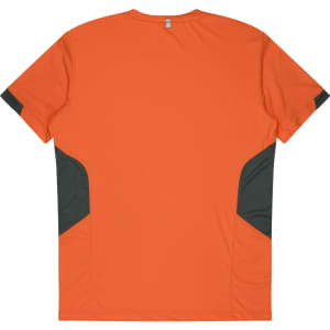 An orange t-shirt with dark grey accent panels on the sides and a simple design. It features a logo.