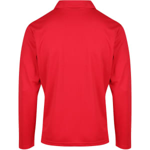 A red long-sleeve polo shirt with a collar, featuring a plain design and a branding logo on the side.