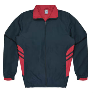 A navy blue tracktop with red accents and a zip-up front. It features a collar and two side stripes.