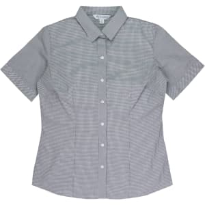 A short sleeve button-up shirt in a black and white check pattern, featuring a collar and a logo.