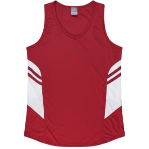 A red singlet featuring white side panels and stripes, with a branded logo on the upper part.