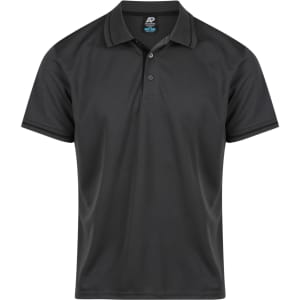 A black polo shirt featuring a collar, short sleeves, and a logo on the neckline.