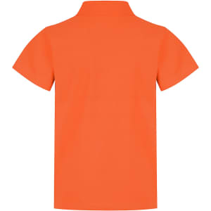 An orange polo shirt with a classic collar and short sleeves, featuring a logo on the back.