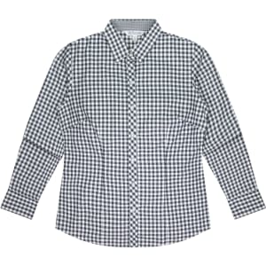 A long-sleeve button-up shirt featuring a black and white check pattern, with a collar and a logo.