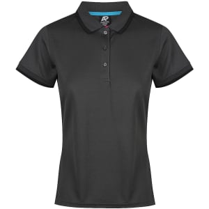A black polo shirt with a collar and short sleeves, featuring a logo on the chest area.