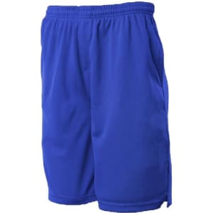 Blue sports shorts with an elastic waistband and pockets, featuring a logo. Ideal for athletic wear.