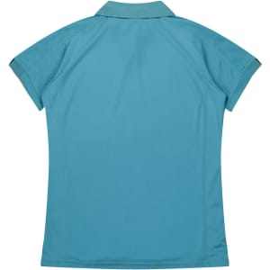 A turquoise polo shirt with short sleeves and a classic collar, featuring a logo on the back.
