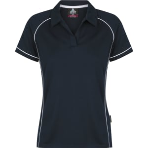 A navy polo shirt with white piping and a collar, featuring a logo on the upper side.