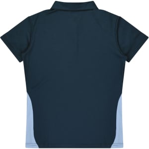 A dark green polo shirt with light blue side panels and a collar. It features a logo on the garment.