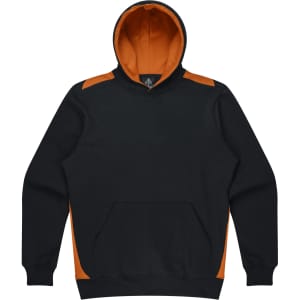 A black hoodie with orange accents, featuring a front pocket and a hood. It has a logo on the inside.