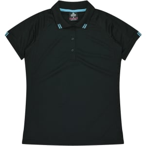 A black polo shirt featuring a collar and short sleeves, with blue accent stripes and a logo.