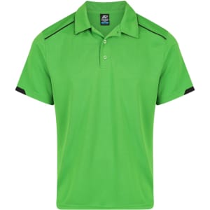 A bright green polo shirt featuring black accents and a logo on the chest area.