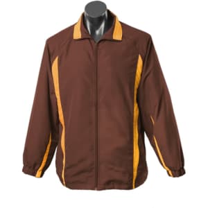 A brown zip-up tracktop with yellow stripes on the shoulders and sides, featuring a logo on the chest.
