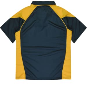A polo shirt featuring a dark green body with yellow accents on the shoulders and side panels.