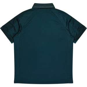 A dark green polo shirt featuring a collar and short sleeves, with a logo on the front.