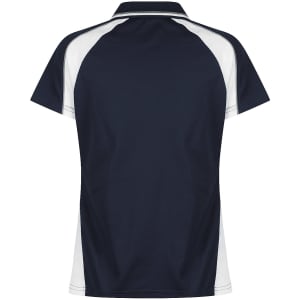 A navy polo shirt with white side panels and a collar. The shirt features branding on it.