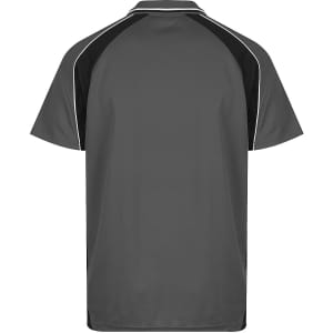 A grey polo shirt featuring black side panels and a logo. The back view showcases a simple design.