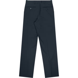 Flat front men's slacks in dark navy, featuring two back pockets and a straight leg design. Includes branding.