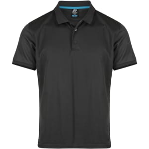 A black polo shirt with a collared neckline and button placket, featuring a logo on the chest.